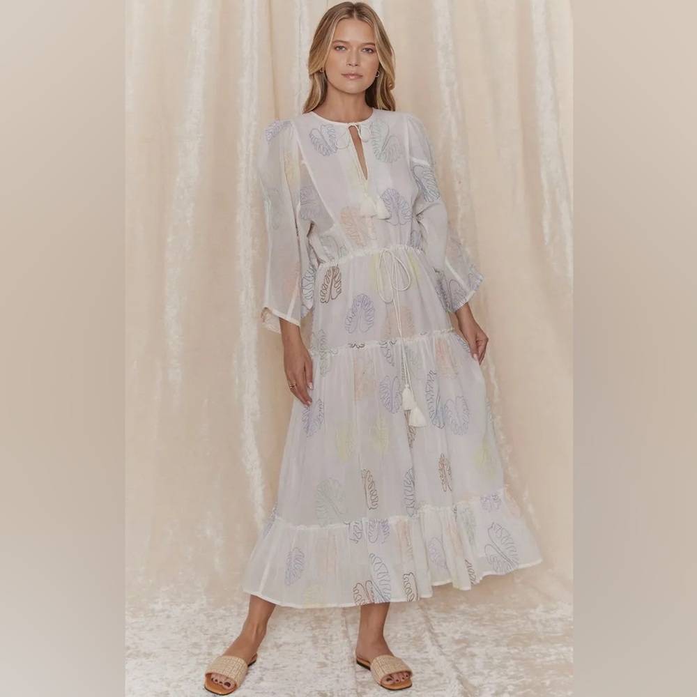 Raga by Anthropologie Oishi Tie Collar Embroidery Tier Maxi Dress Sz M